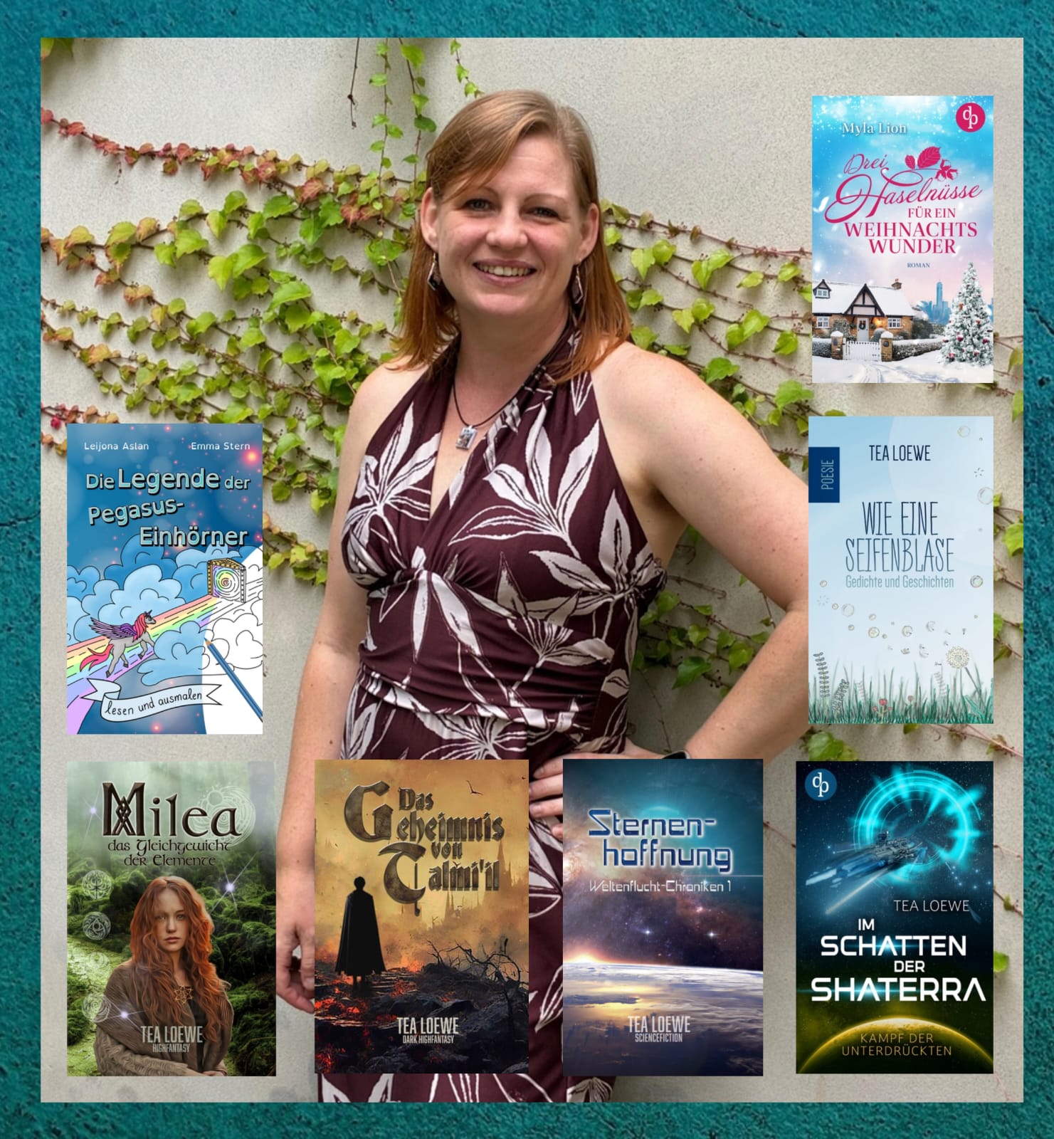 Bild der Autorin mit ihren Büchern